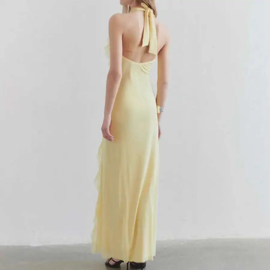 

New 2025 Yellow Solid Color Sexy Backless Lace High-end Dress Vacation Long Dress Vintage 2025 Summer Dress Robe Vestido Women