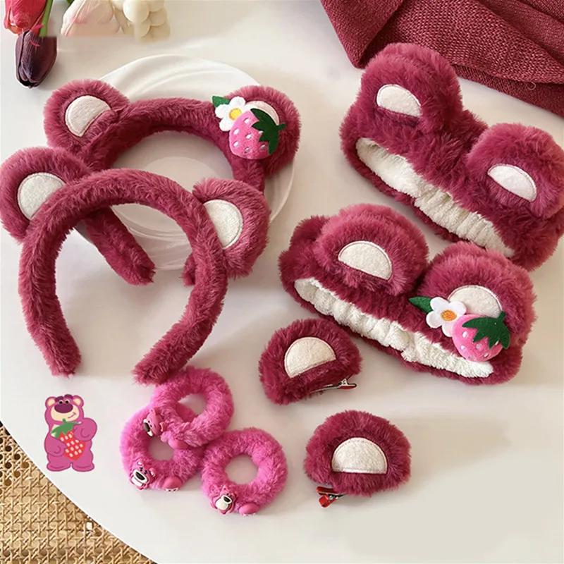 Anime Disney Figure Makeup Wash Hair Headband Strawberry Bear Lotso Plush Bow Non-slip Elastic Headband Girl Hair Accessories