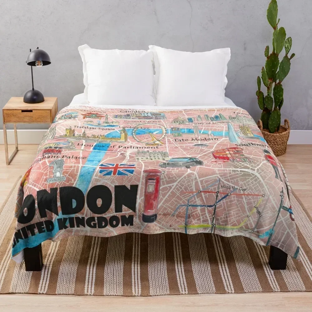

London UK Illustrated Map with Main Roads, Landmarks & Highlights Throw Blanket Soft Home Decor Blanket for Couch Bedroom