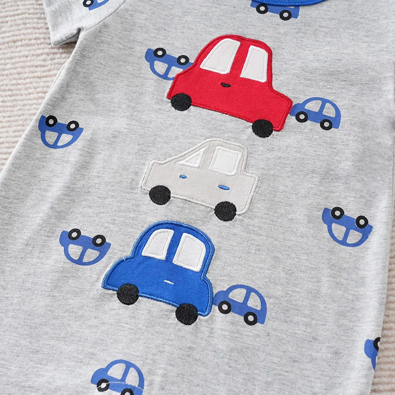 Newborn Boys And Girls Jumpsuit Baby Clothing Cute Cartoon Toy Car Baby Casual Full Print Gray Summer Short Sleeved Jumpsuit