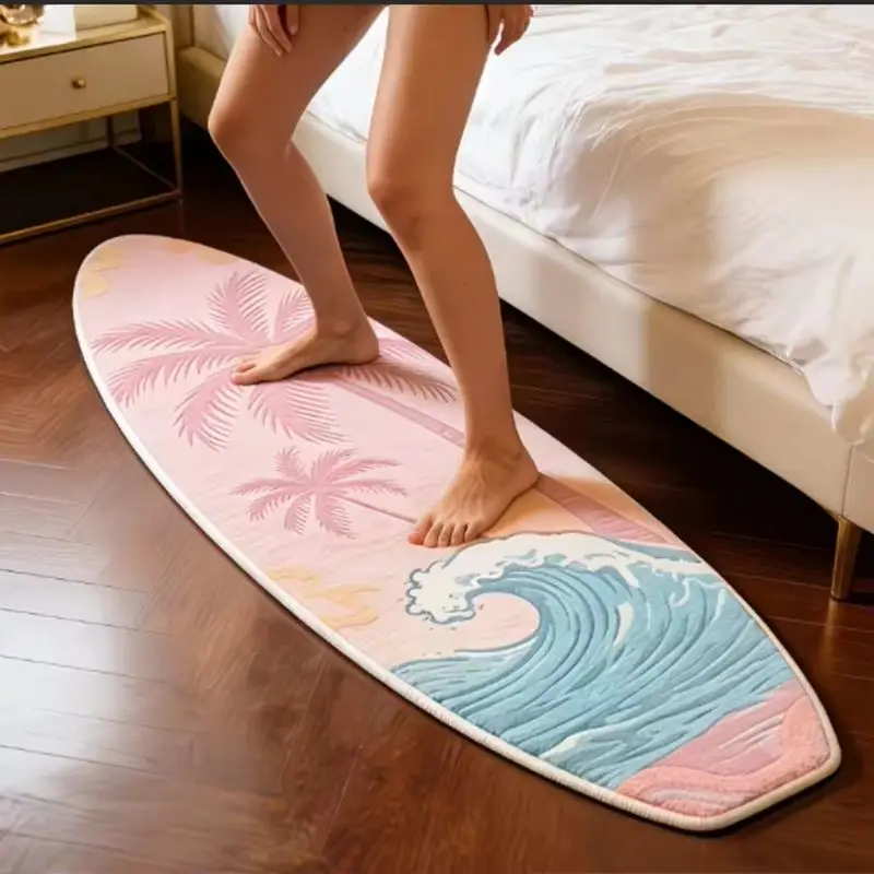 Tropical Palm Wave Surfboard Rug, Pink Pastel Irregular Shaped Fluffy Mat, Anti Slip Beach Floor Carpet for Bedroom Entryway Coa