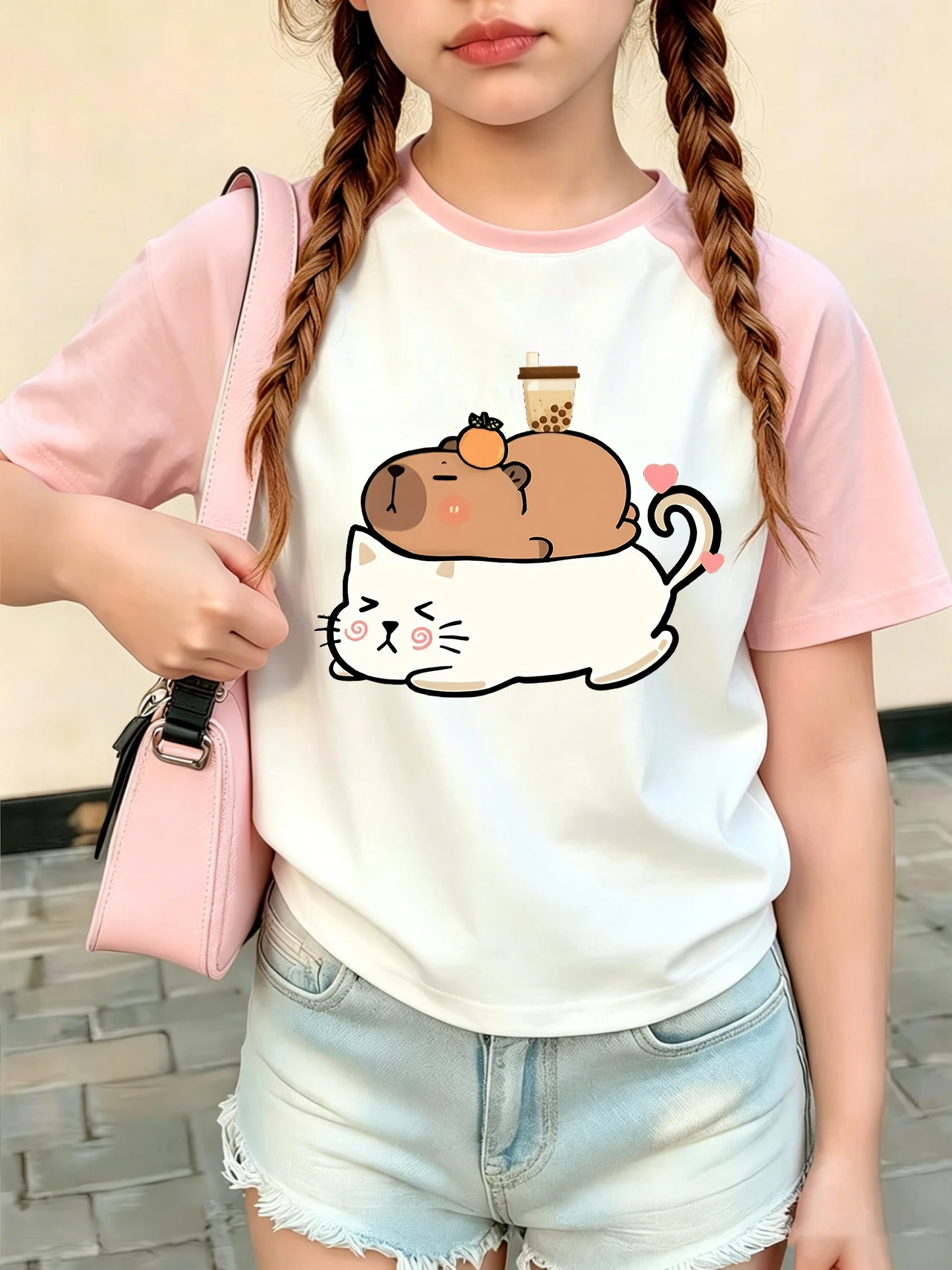 Kawaii Katze mit Capybara Trendige T-Shirts Kurzarm Grafik Kinder T-Shirt Jungen Mädchen Lässiges Oberteil Sommerkleidung