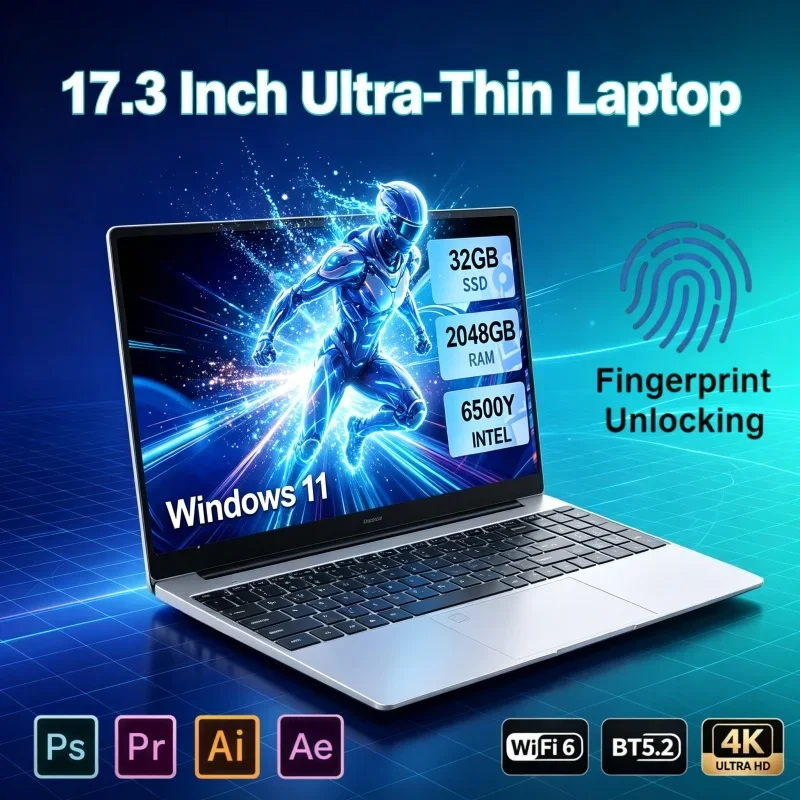 17.3" Large Screen Laptop Intel 6500Y Windows 11 32GB RAM 2TB SSD Fingerprint Recognition Notebook For Study Work Entertainment