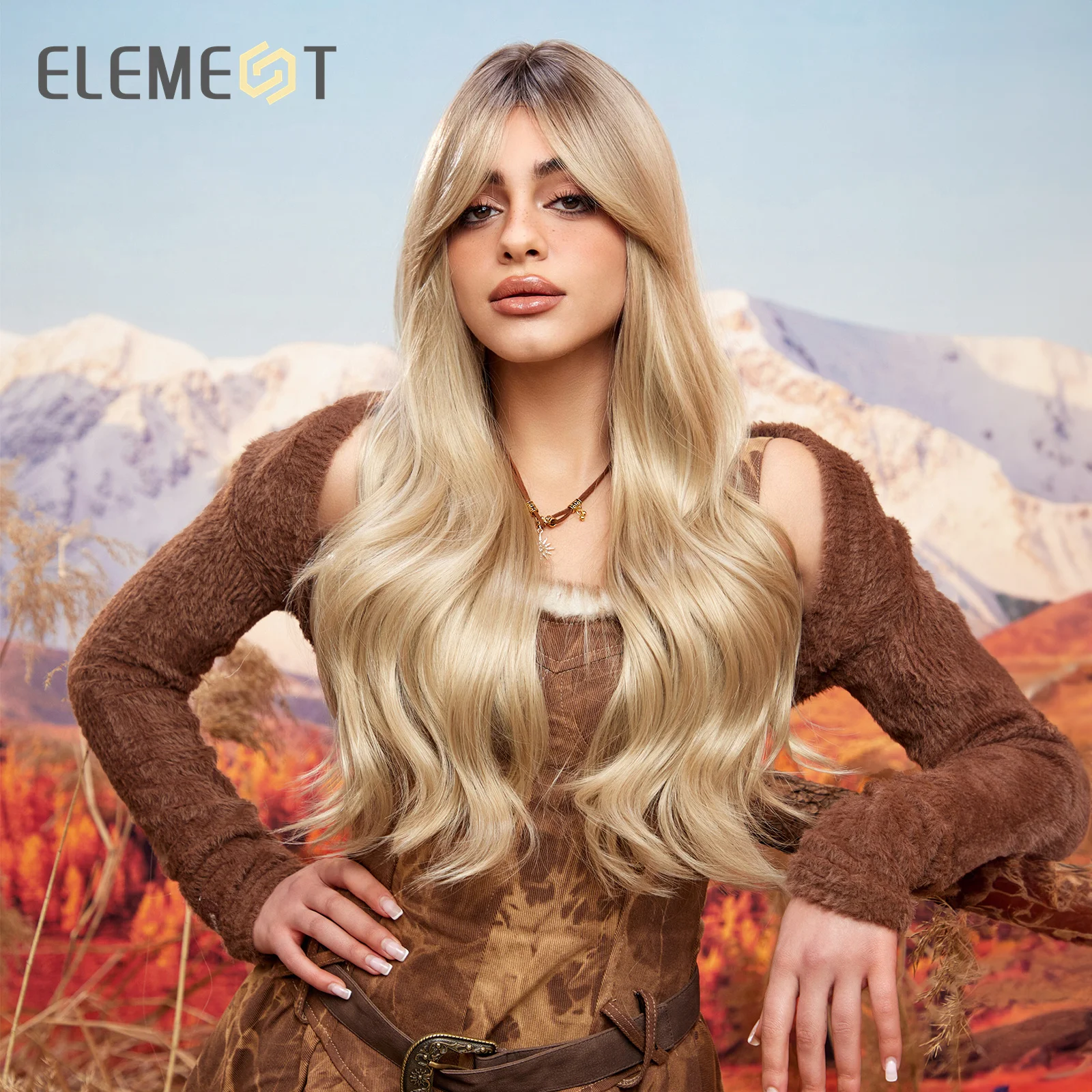 ELEMENT Synthetic Long Wavy Curly Ombre Blonde Color Wig Hair with Side Bang for Women Ladies Heat Resistant Party Daily Hair