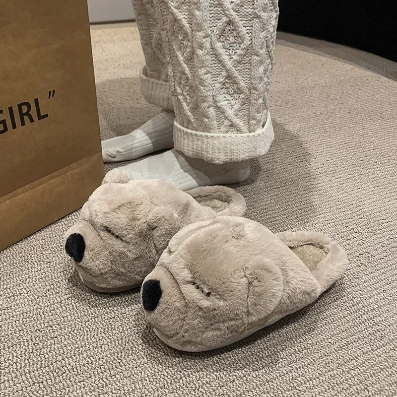 Cute Puppy Cotton Slippers Men's and Women's Winter Indoor Home Warm Furry Slippers Cute Warm Down Outer Wear Plush Cotton Shoes