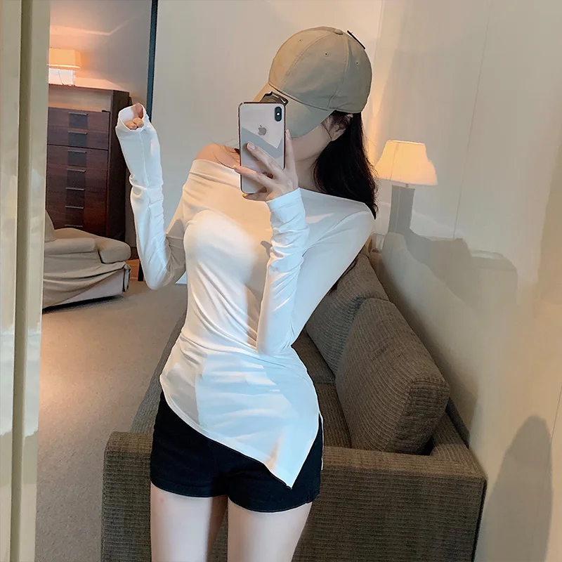 2022 Spring Women Sexy Slash Neck Irregular T shirts Girls Off Shoulder Black White Split Tees Long Sleeve Tops