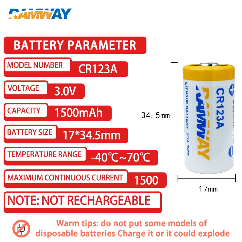 RAMWAY CR123A CR17345 3V LiMnO2 Lithium Battery for Digital Camera Patrol Stick Flash GPS Locator Night Vision Instrument