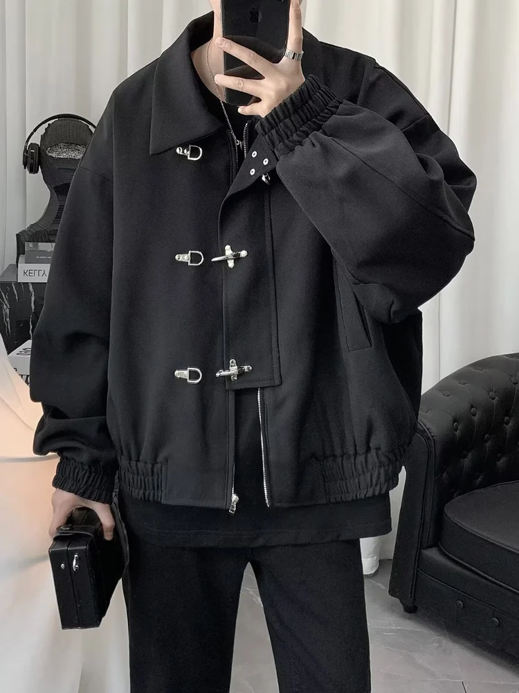 

American Retro Men's Jaet Stand Collar Loose Fit Metal Bule Spring Autumn Trendy Brand Cleanfit Couple Outerwear