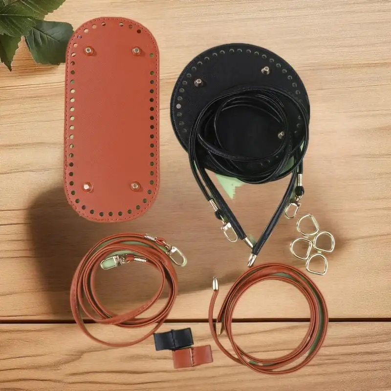 Sturdy DIY Round PU Leather Crochet Woven Bag Set, 3 pieces, Solid Color Bottom Bag, Handmade Drawstring Attachments