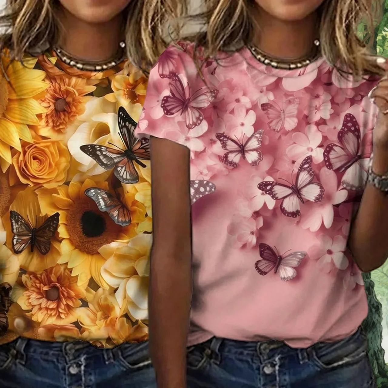 

Ladies' Street Fashion Casual Plus Size Round Neck T-shirt New 3D Butterfly Print Breathable Comfortable Beach Party Home Top