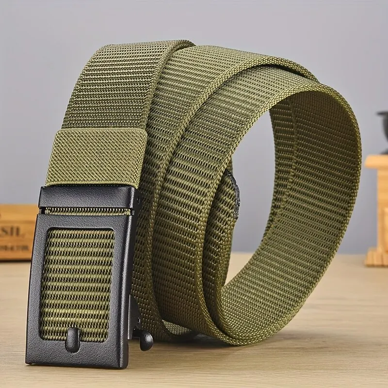 Men\'s Belt Automatic Metal Buckle Imitation Nylon Webbing Outdoor Work Belt Toothless Automatic Buckle Casual Sports Canvas Belt