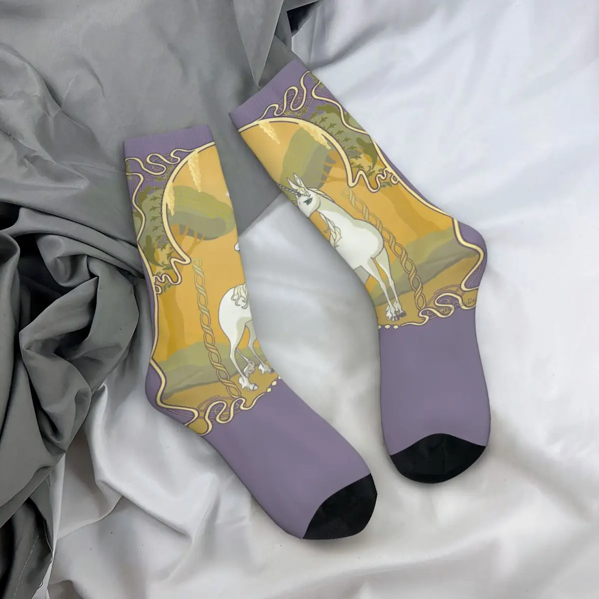 Funny Crazy Sock for Men Art Nouveau Hip Hop Harajuku The Last Unicorn Peter S. Beagle Magic Pattern Printed Boys Crew Sock