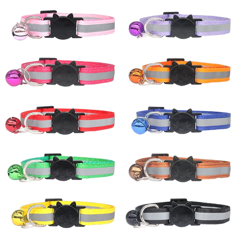 Custom Reflective Cat Collar Personalized ID Adjustable Safety Buckle with Bell Free Engraving Nylon Puppy Kittens Necklace