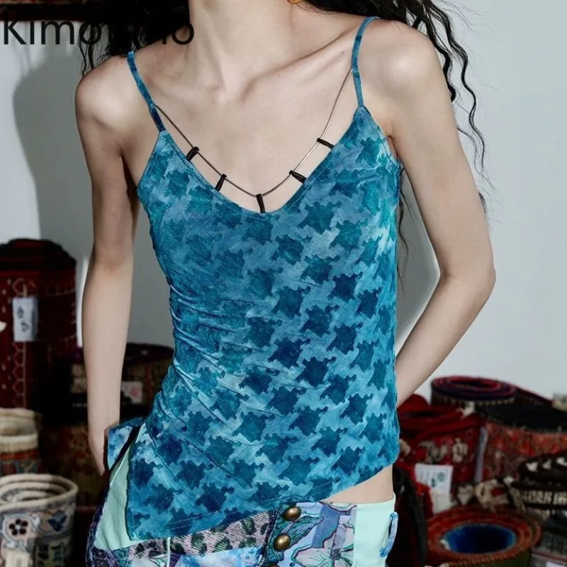 

Kimotimo Harajuku Flocking Asymmetrical Camisole Vest Women Summer Vintage Slim Fit Sleeveless Crop Top Spicy Girls Y2k Tanks