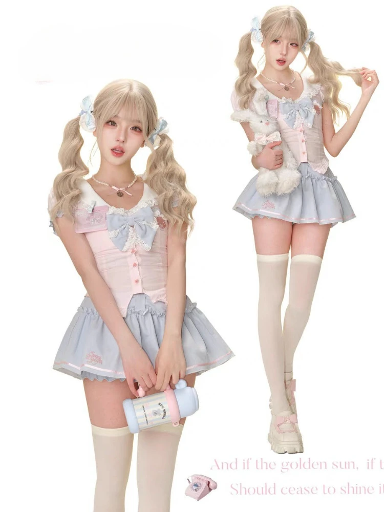 جرلي الصيف نمط Preppy الربط شيك مجموعات النساء البحرية طوق قميص + تنورة منتفخة دعوى الحلو عالية الخصر 2 قطعة مجموعة 2025 جديد