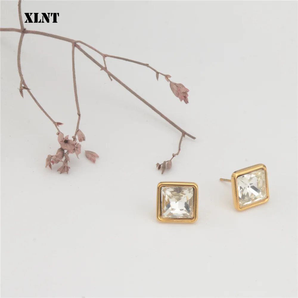 XLNT anting-anting kancing kotak Austria Cubic Zirconia untuk wanita perhiasan wanita modis baja antikarat