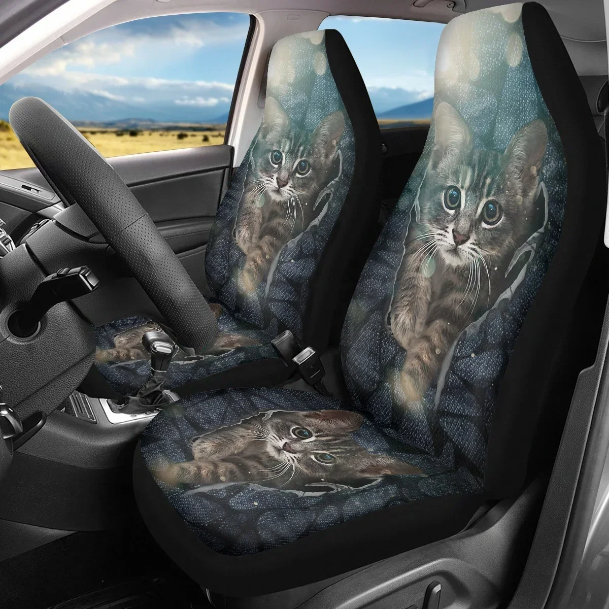 

Auto Front Seat Cover Set Cute Black Cat Pattern Vehicle Clean Protector for Woman Men Comfort Material Easy Installation New