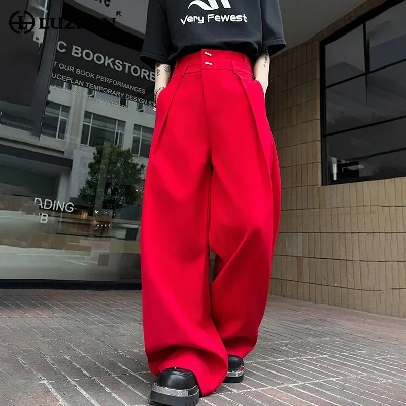 

LUZHEN 2025 осенние новые однотонные лоскутные дизайнерские прямые брюки мужские стильные красивые уличные повседневные брюки мужские JY4443