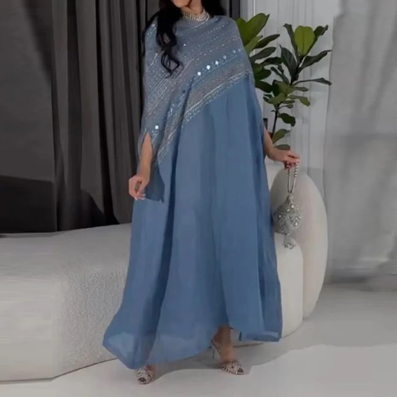 Summer Cotton And Linen Bat Sleeved Loose Fitting Long Skirt Blue Casual Max Ethnic Dress Round Neck Patchwork Diamond Dresses