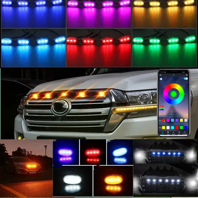 Rejilla de luz LED de 12V para coche, embellecedor de parrilla estilo Raptor, aplicación móvil para camión, luces de colores ajustables, faros de coche