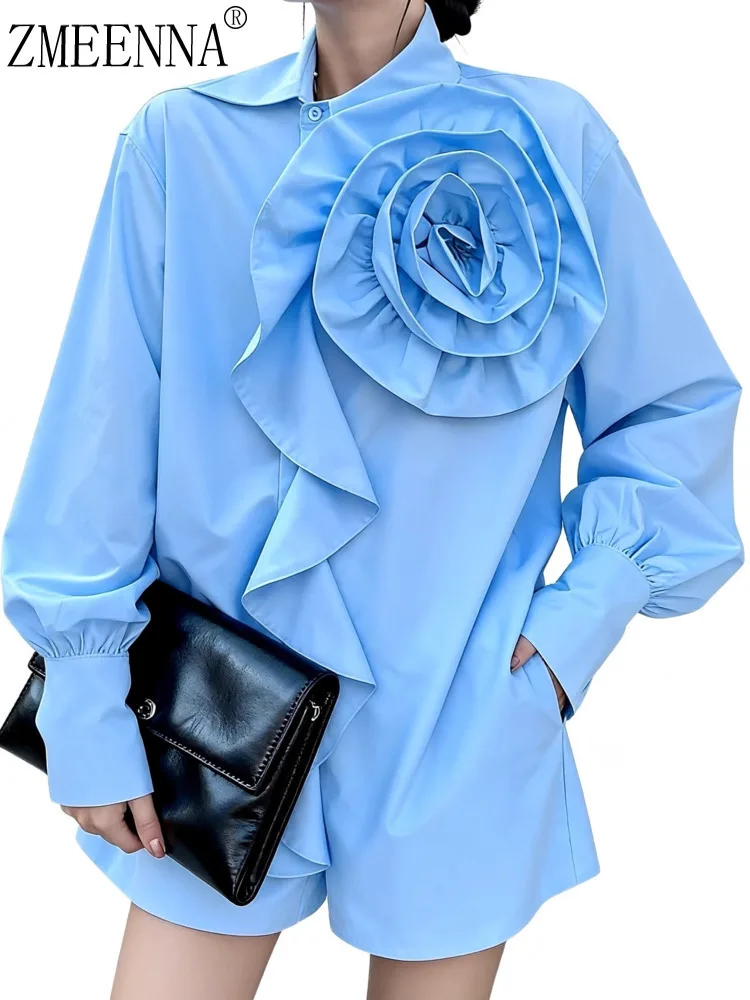 

ZMEENNA Womens Light Blue Loose Fit Blouse Top Long Sleeve 3D Floral Rose Applique Decor Shirt Tunic Casual Fashion ZM4614