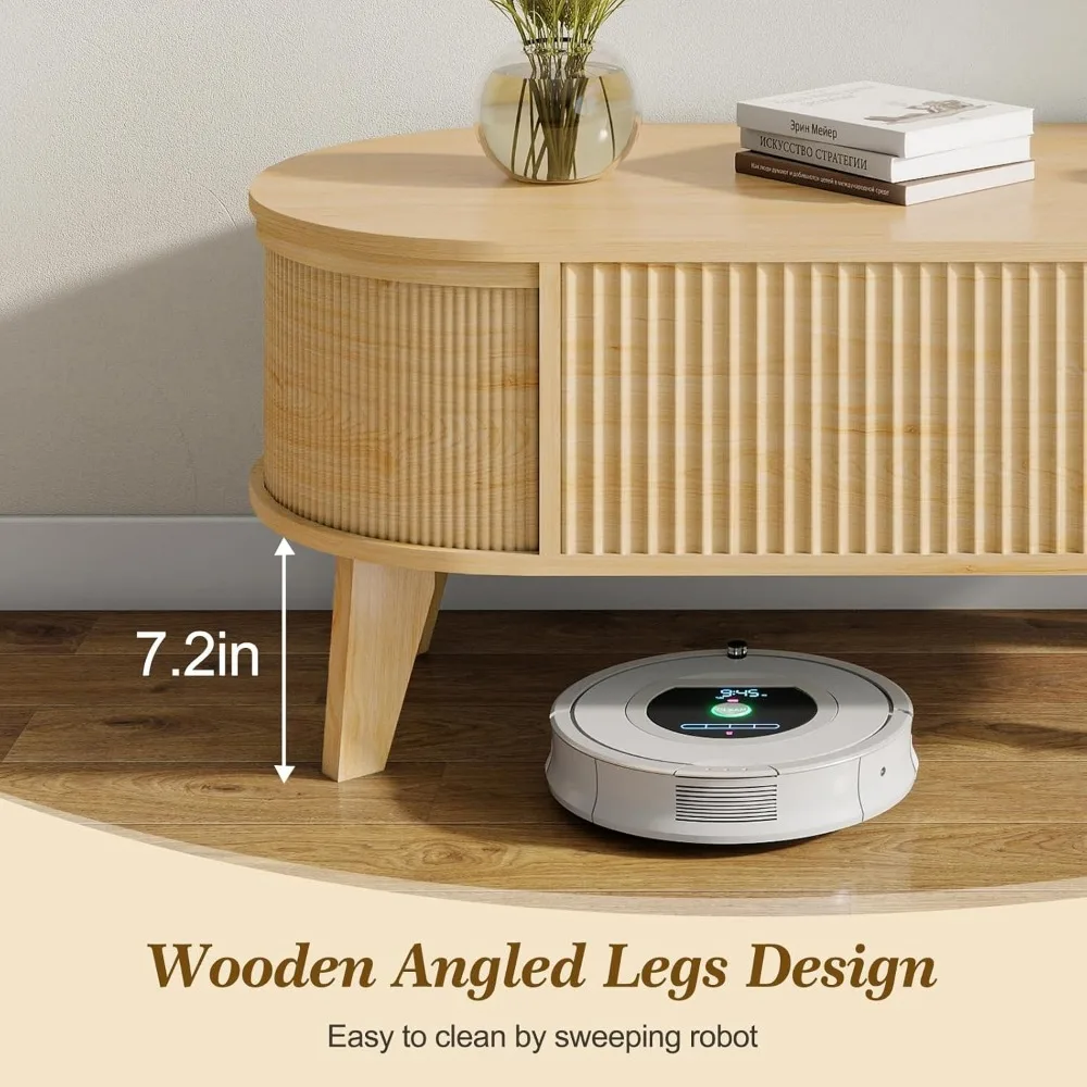 Meja Kopi Oval Modern dengan Penyimpanan Tersembunyi, Desain Bergalur untuk Ruang Tamu dan Kantor Rumah, Finishing Alami