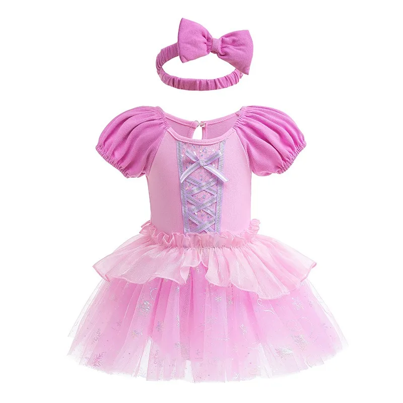 New Summer Baby Girl Princess Role Play Party Bodysuit Fluffy Gauze Short Sleeved Ballet Perform Jumpsuit with Headband K5264