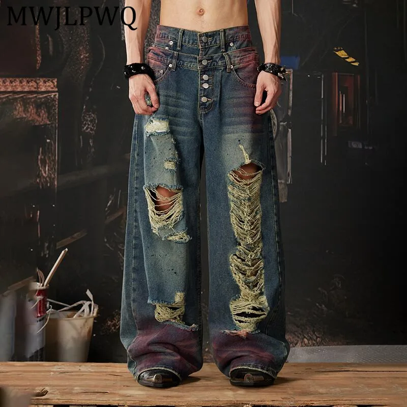 

MWJLPWQ Men's New Heavy-duty Hand-ripped Cut Jeans Double-waisted Streetwear Direct-wash Distressed Loose-fit Trousers 14925