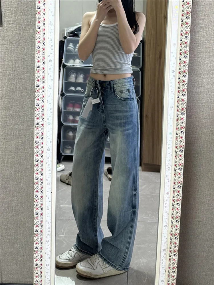 

American High Street Retro Blue mid Low Waist Wide Leg Jeans Women's Spring Loose Drapey Tall Extended Straight Tube Pants