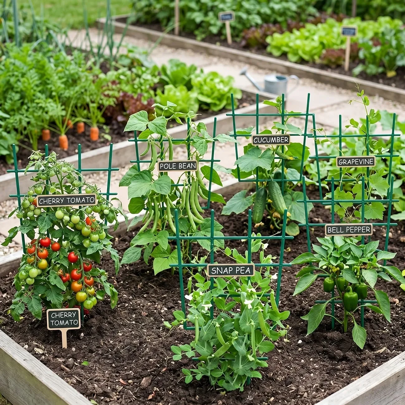 Eco-Friendly Plastic T-Shape Plant Support Green Trellis Mesh Rack for Vertical Gardening Ideal for Flowers Tomatoes Beans Peas