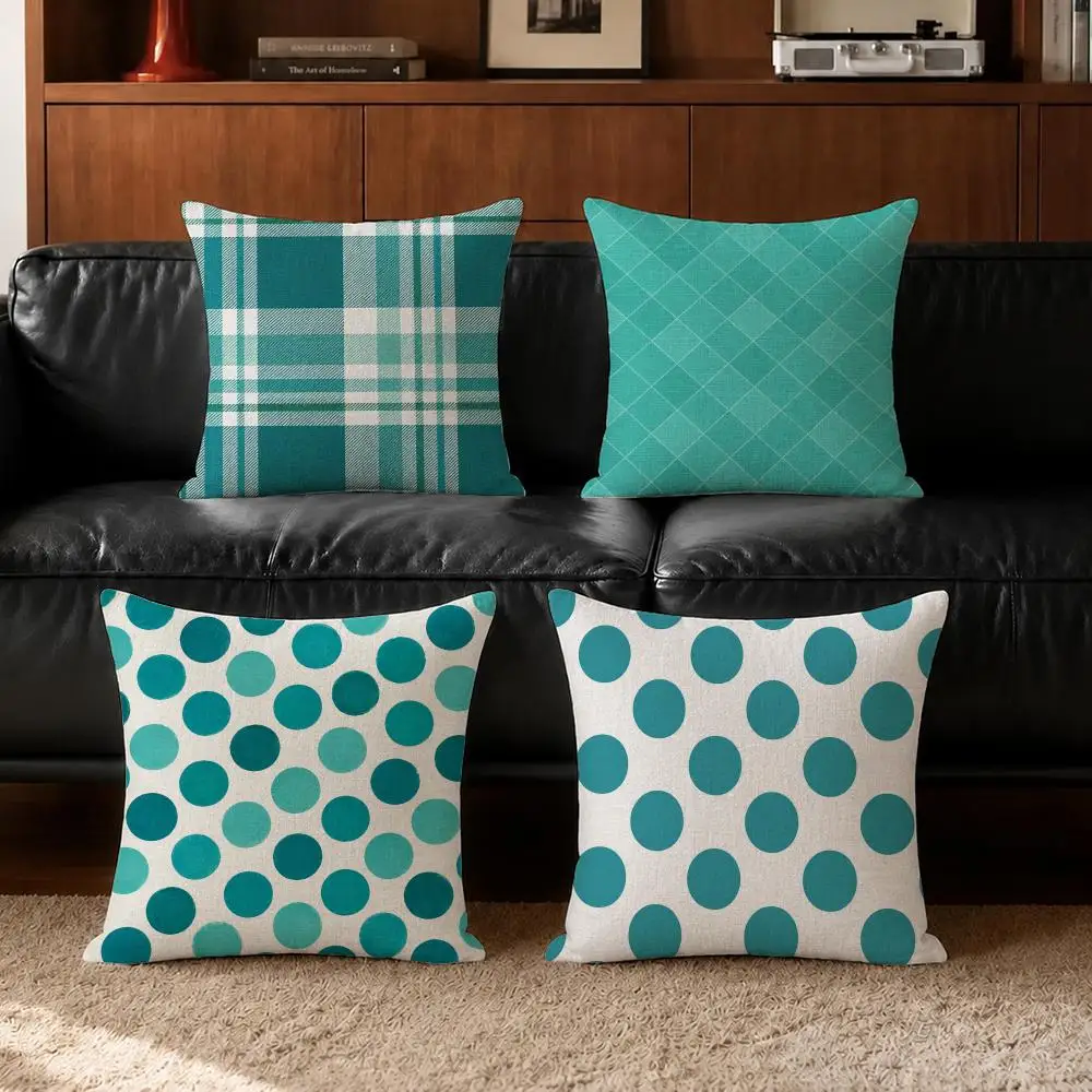 Pattern Teal Geometric & Floral Cushion Cover Cushion Covers Natural Linen Breathable Sofa Bedroom Decor Pillowcase