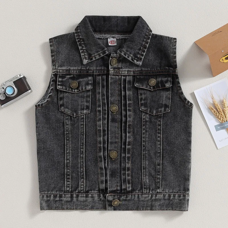 Kids Girl Boy Denim Vest Jacket Spring Autumn Clothes Sleeveless Turn-down Collar Button Closure Vest Casual Jacket Clothing