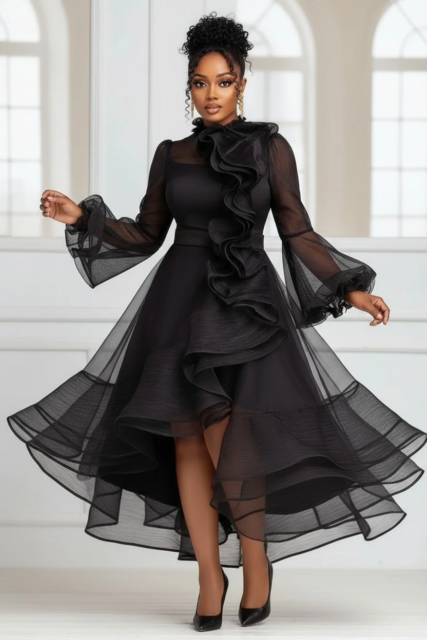 Vestido feminino de malha com babados, manga flare, plus size, bainha irregular, transparente, coquetel, casamento, convidado, vestido longo