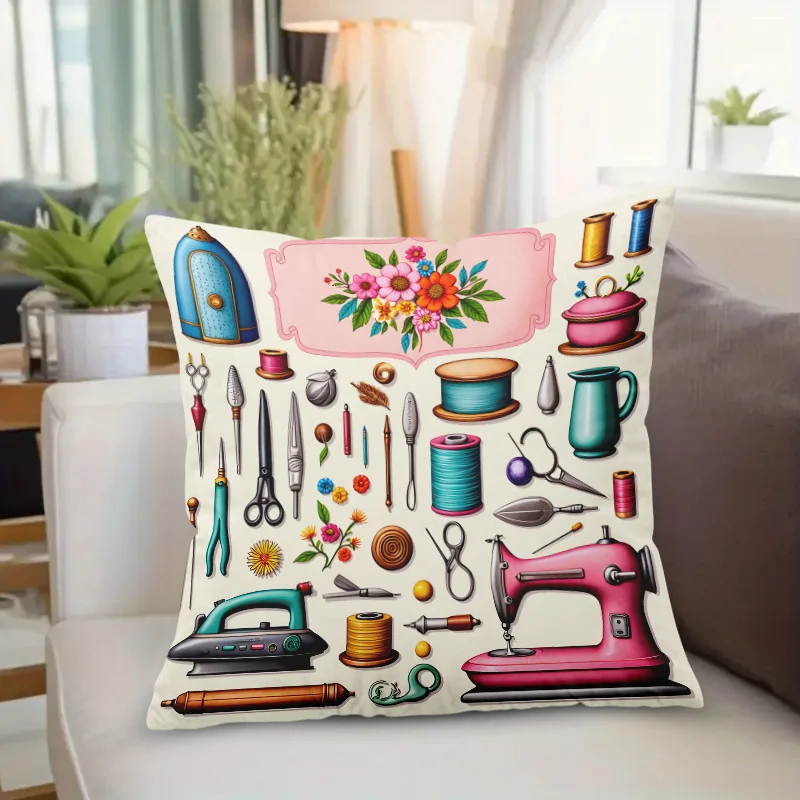 Sewing Tools Collection Double-Sided Pillowcase, Tailor Craft Graphic Cushion Cover with Zipper, Washable Decor Case