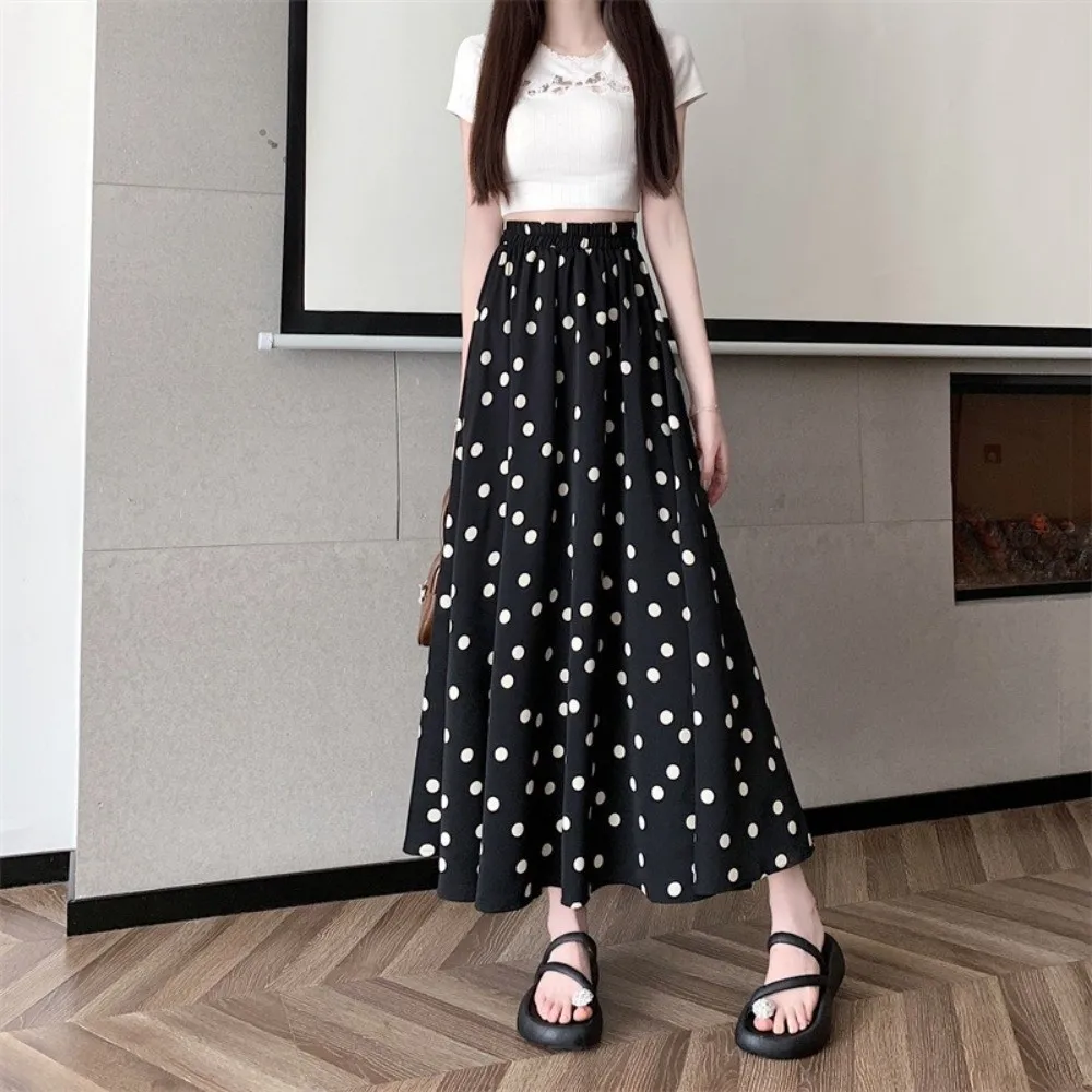 Breathable Elastic Waist Polka Dot Skirt Splicing Design Slim Fit A-Line Skirt Summer Pleated Half-length Dress Vacation