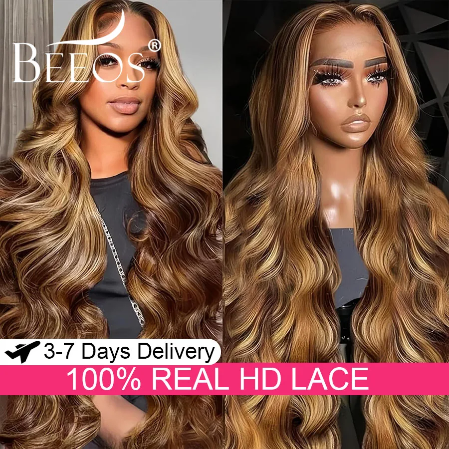 

250% 30in 13x6 Real HD Lace Frontal Human Hair Wigs 4J27 Highlight Body Wave Bleached Knots Melt Skins Brazilian Hair For Women