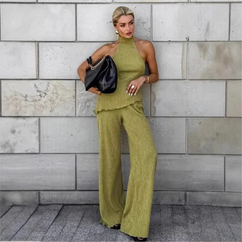 Female 2025 Spring Summer Casual Women's Suit Green Pleated Design Sleeveless Halter Vest Wide-leg Pants Fashion Two-piece Set