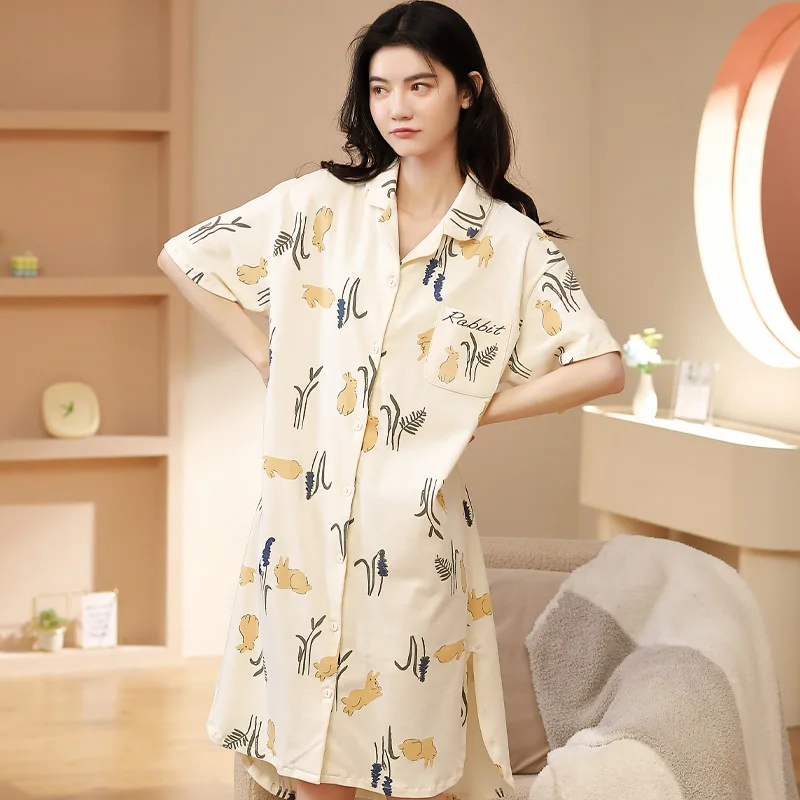 

Cotton short sleeve nightdress summer cardigan lapel Sleepwear loose ladies Night dress Thin Long Skirt loungewear nightgown