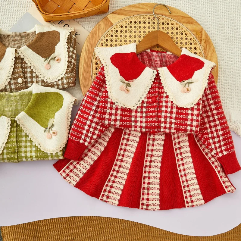 

Children's Outfit New Autumn Winter Girls Fashionable Plaid Collar Knit Cardigan Coat Short Skirt Two-Piece Set