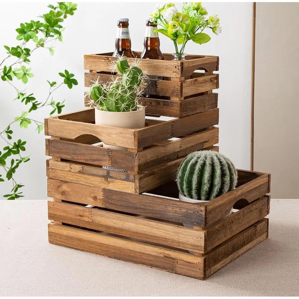 

3-Piece Rustic Nesting Wood Crates with Cutout Handles, Natural Decorative Storage Baskets for Farmhouse Style Display