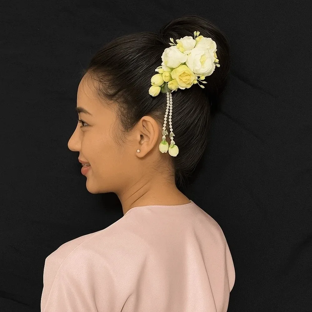 

Заколка для волос ручной работы с милыми цветами и кисточками, пластиковая расческа-тюльпан в тайском стиле, головной убор с цветочным принтом, тканевый шиньон, заколки для волос для девочек