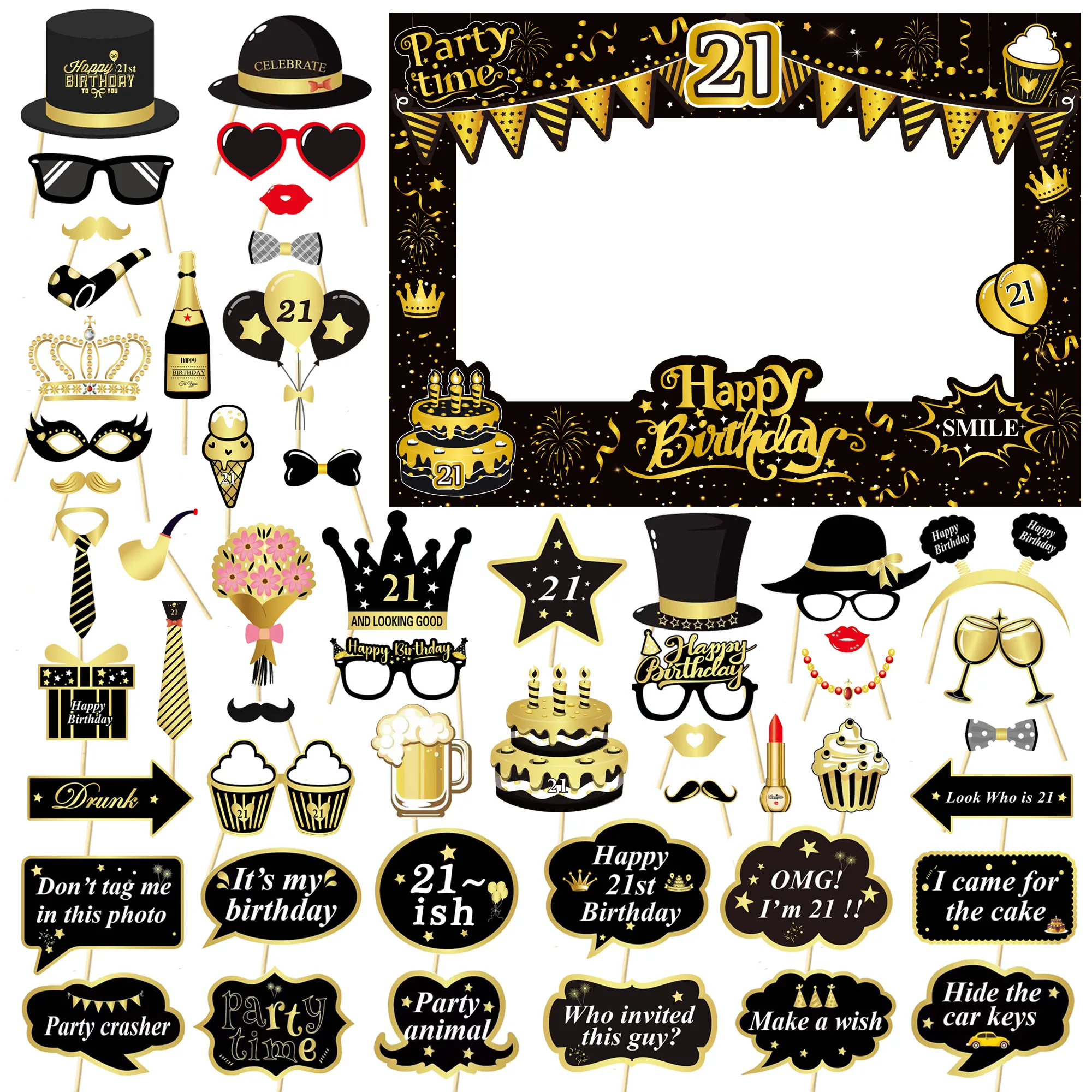 35pcs Black and Gold Birthday 18th,21st,30th,30th,40th,50th,60th paper photobooth prop and Frame for borthday party decoration