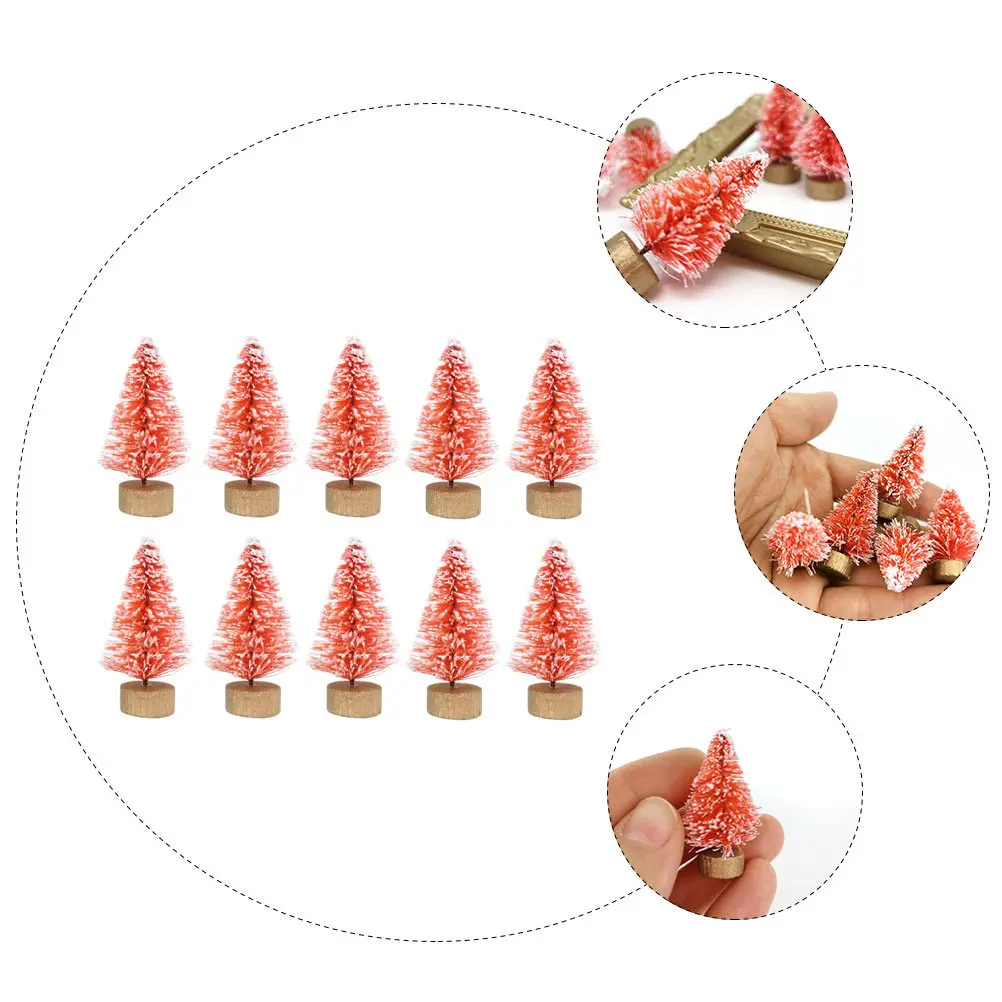 

12Pcs Christmas Tree Ornament Miniature Xmas Trees Hemp Thread Wood Base Red Realistic Desktop Decoration for Living Room