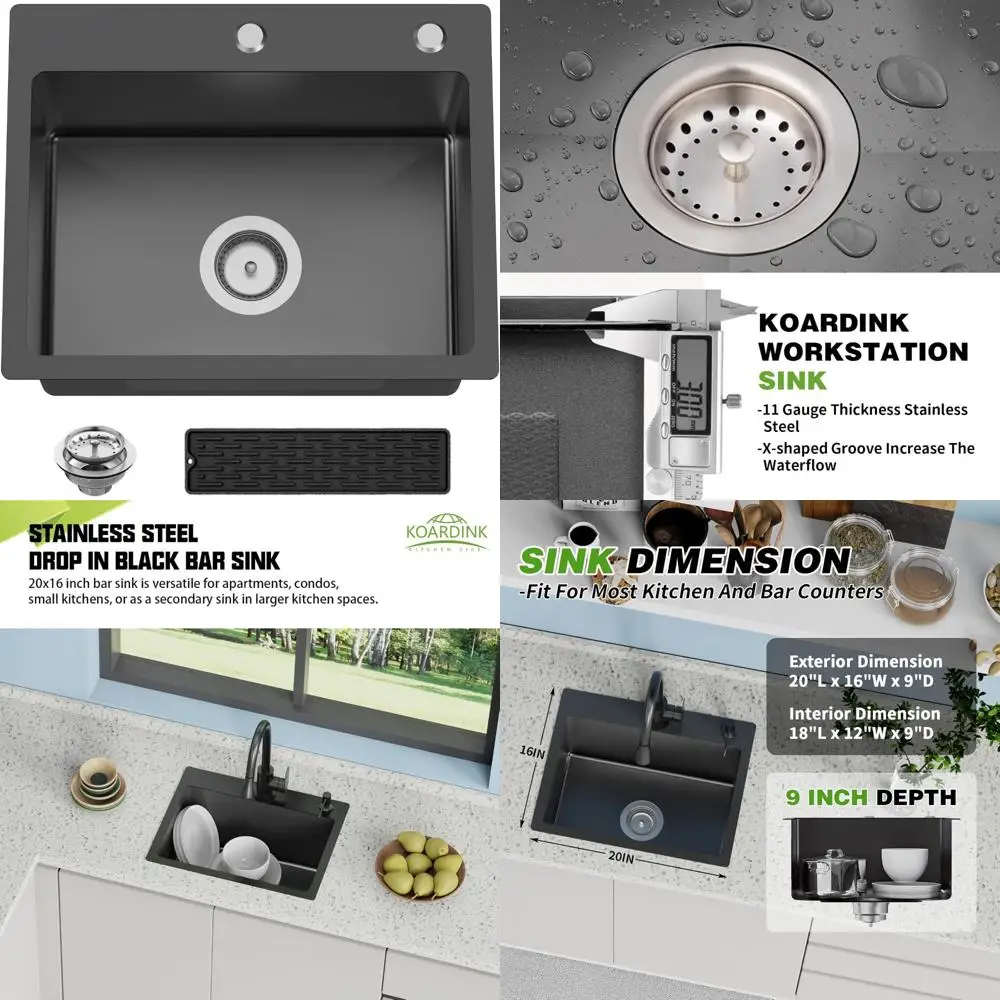 

Black 20x16 In Kitchen And Bar Sink- Stainless Steel Drop In Kitchen Sink Modern Single Bowl Topmount Bar Sink With Silicon Mat,
