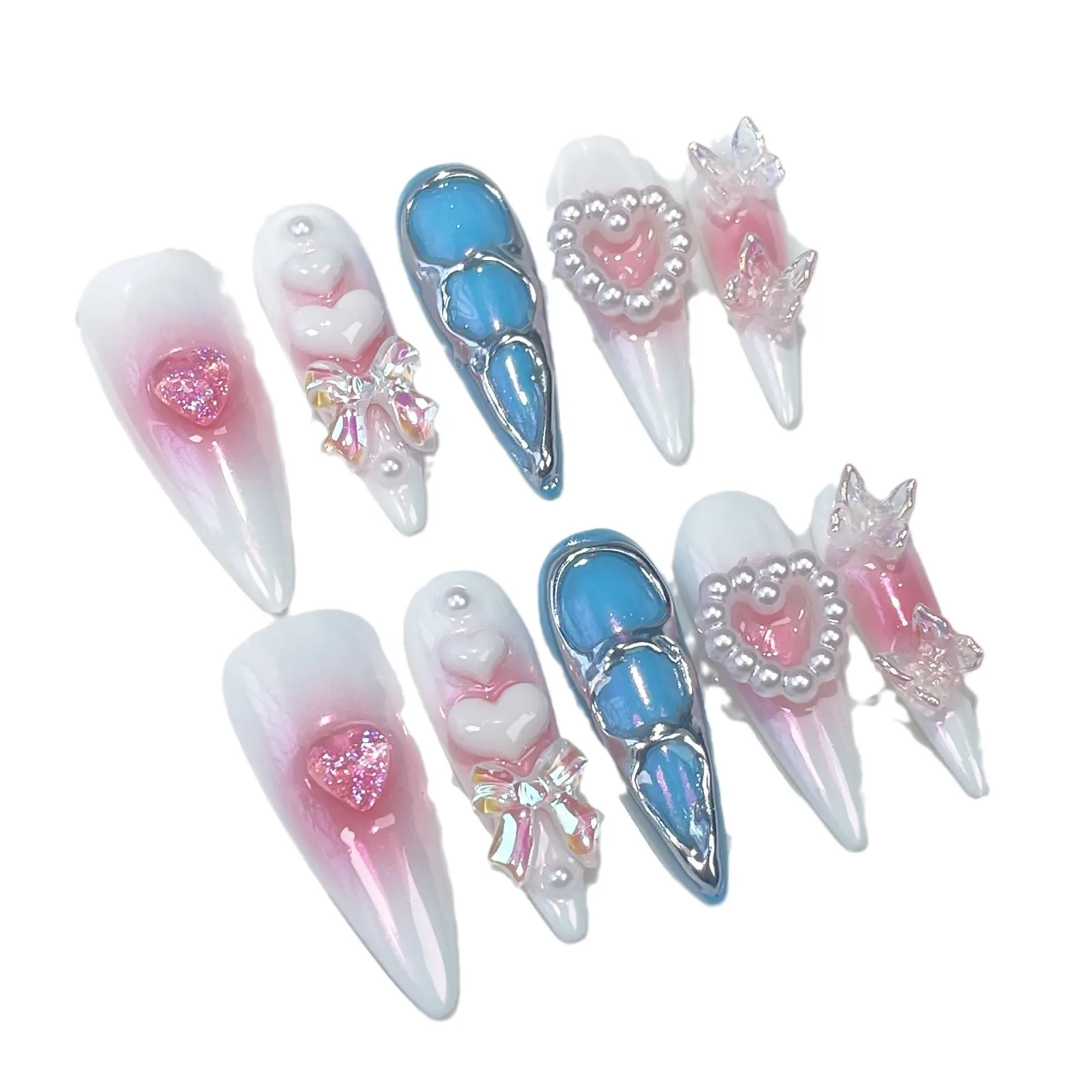 10ppcs Handmade Long Pointed Aurora False Nails For Girl Y2k Press On Nails Wearable Flash Pink Blush Fake Nails Stiletto Tips image 4