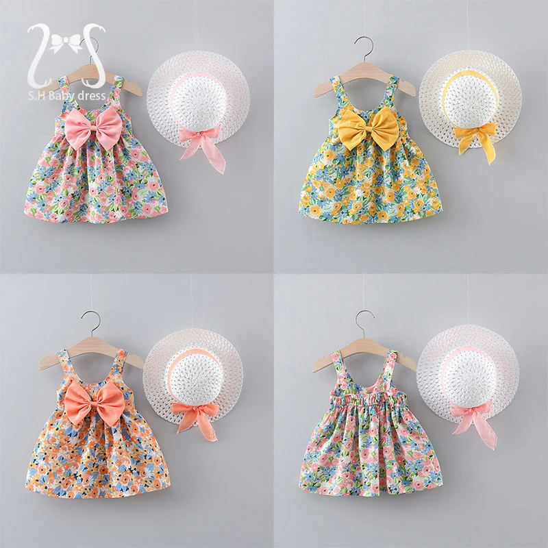 2Pcs/Set Flowers Baby Girl Dresses Summer Fashion Toddler Children Clothes Beach Smooth Dress Kid's Costume + Hat 0 To 3 Y