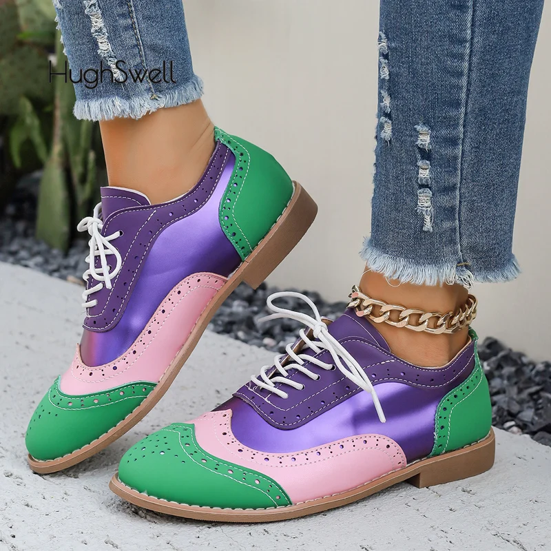 Purple Color Mixed Brogue Shoes Woman Lace Up Oxford Dress Flat Zapatos Ladies Flower Print British Derby Footwear