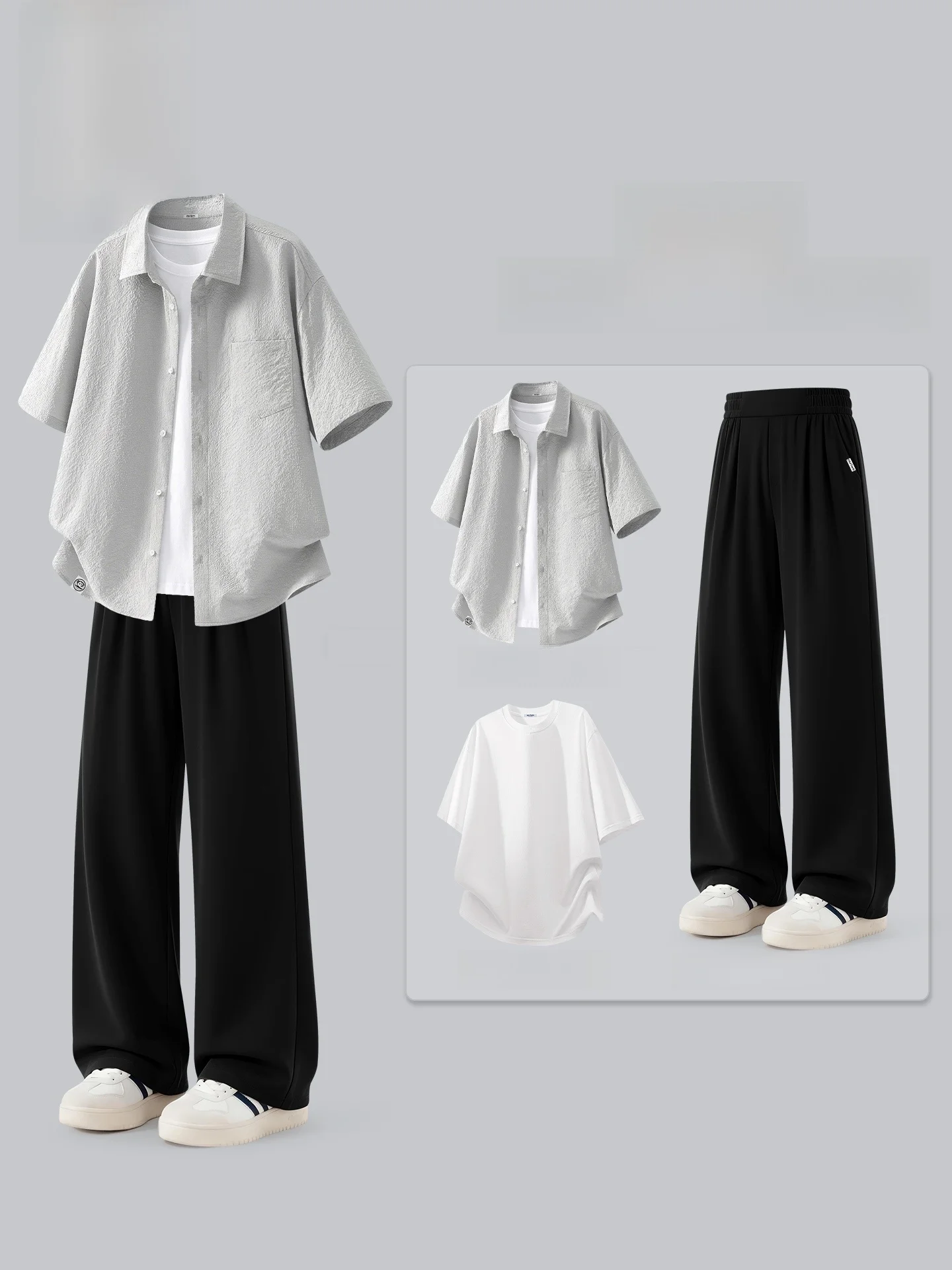 

Cool Sensation Men's Summer Breathable irt ort Sve Casual Pants Set Polyester Fiber Long Pants for Youth