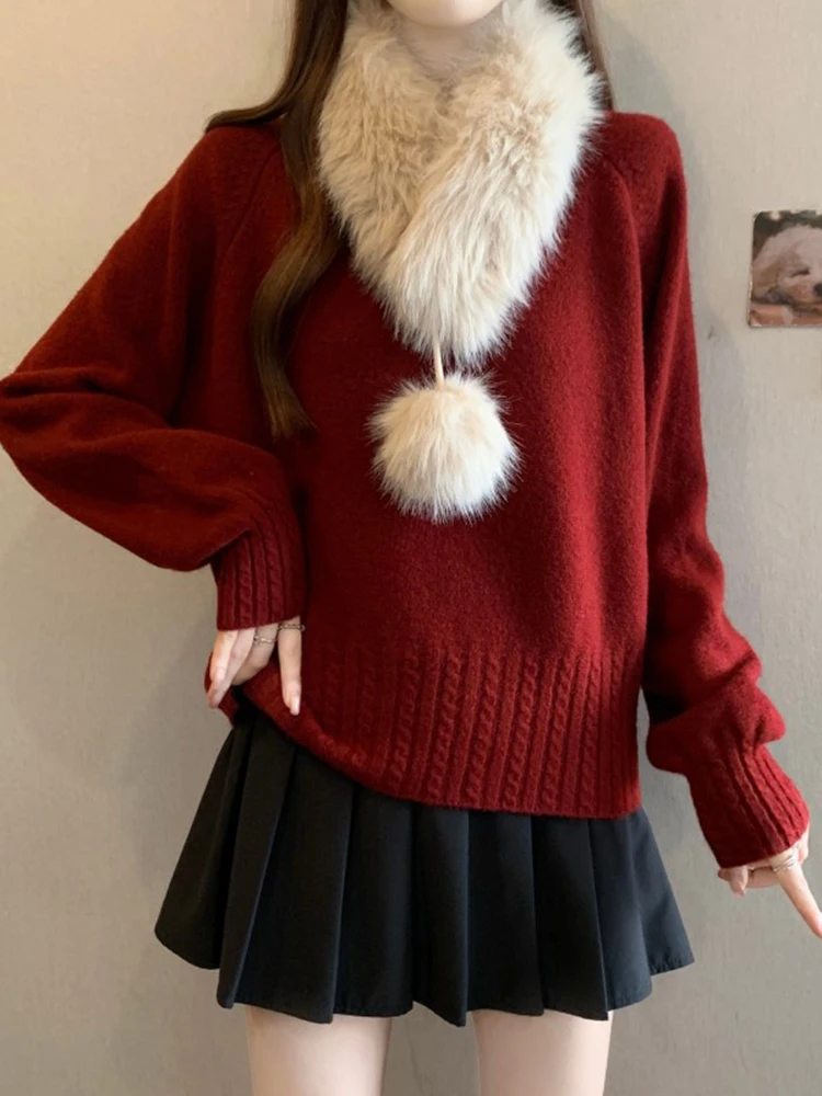 plus Size Knitwear Long Sve Women's Outerwear Winter New Sle Casual Slimming round Ne Faux Fur Collar Top for Autumn W...