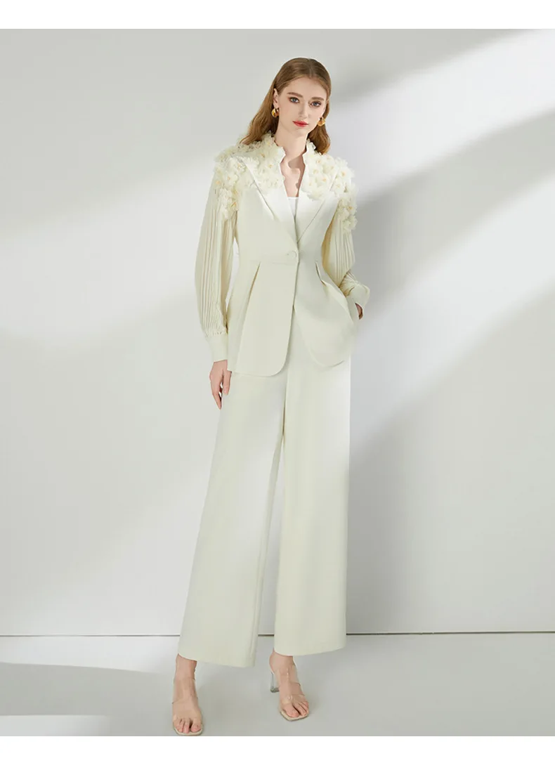 Luxury 2 Piece Sets Women Spring Summer 3D Flower Blazers Coats Wide Leg Pants Suits Crystal Elegant Quality Matching Sets